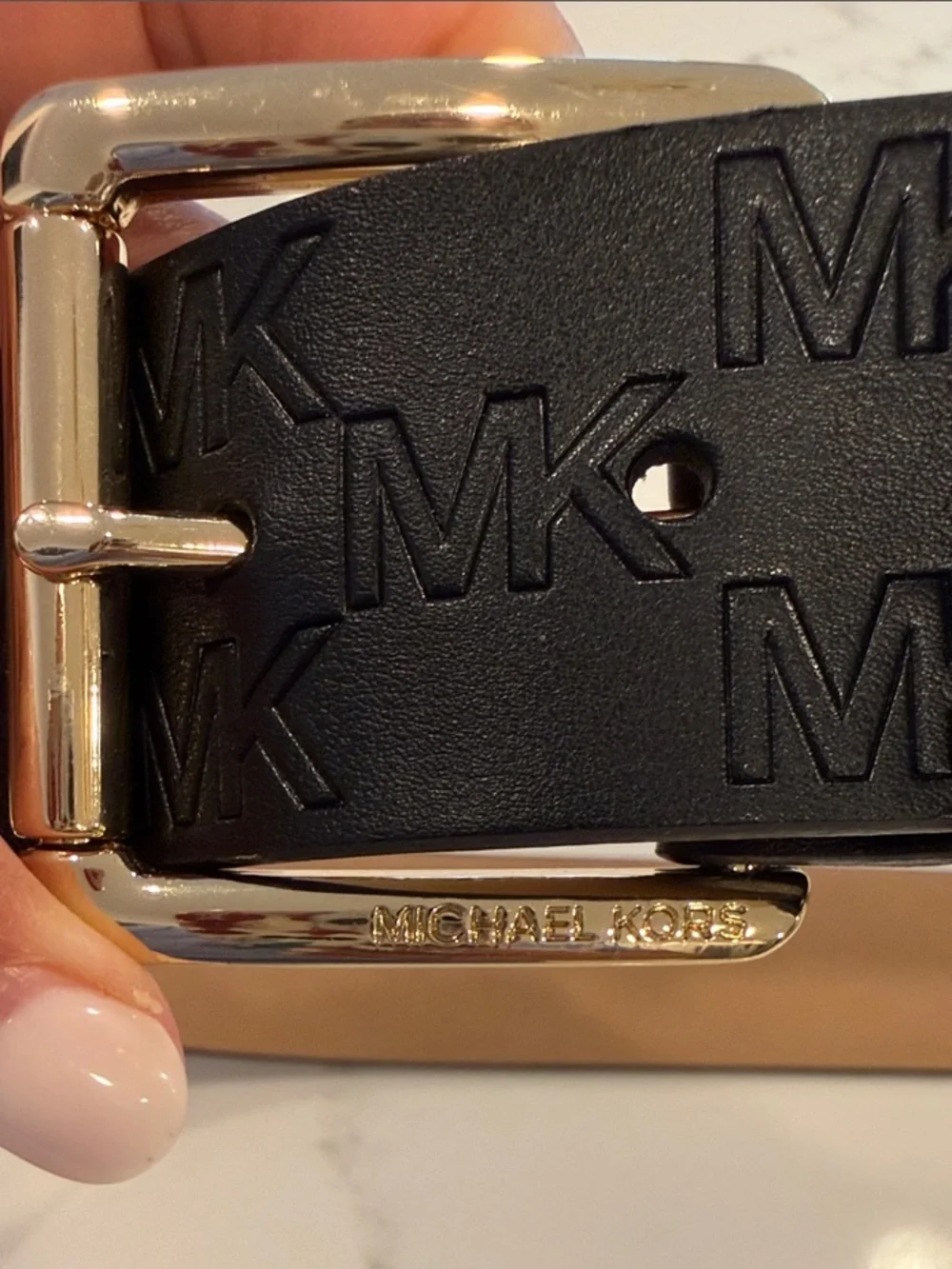 Michael Kors Black Embossed MK Leather Belt with Gold Buckle